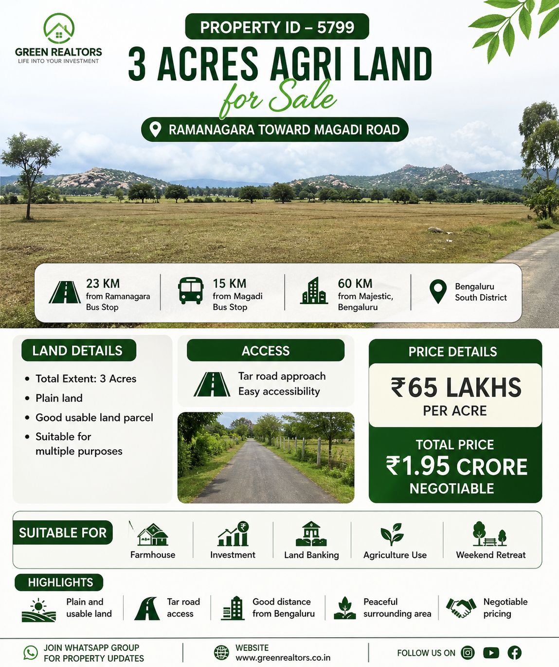 🆔 *PROPERTY ID – 5799* 🌿 *3 Acres agri Land for Sale – Ramanagara Toward Magadi Road*